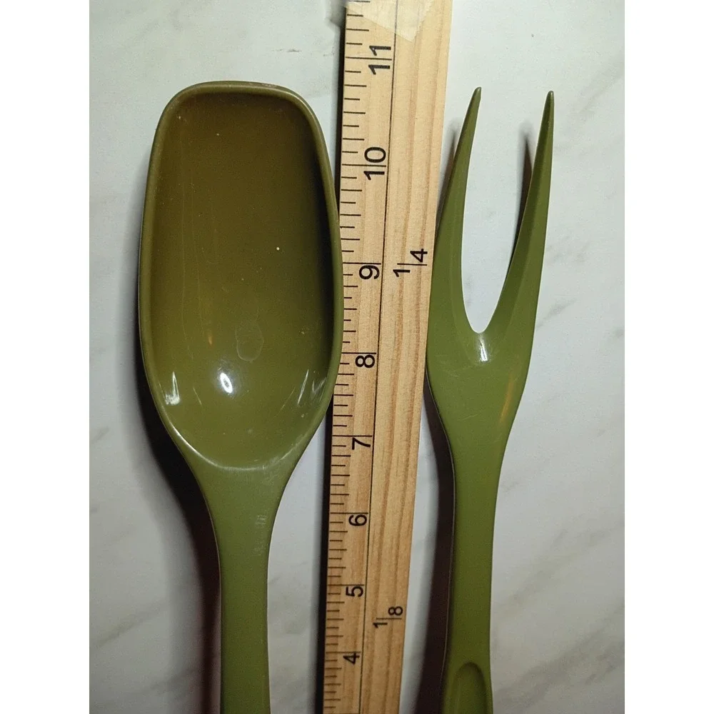 Vintage Foley Avocado Green Nylon Salad Serving Set Spoon and Fork 11 Inch MCM